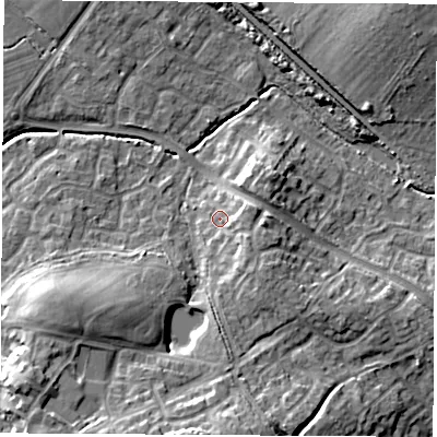 Shaded relief map of the ground around SO302XN, computed from Environment Agency LiDAR. The ground here sits at about 27 m above sea level and falls 15 m across the surrounding 800 m. Surface water reaching this point runs off ground lying to the east, 3.7 m higher.