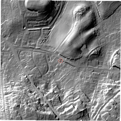 Shaded relief map of the ground around SO303AA, computed from Environment Agency LiDAR. The ground here sits at about 43 m above sea level and falls 52 m across the surrounding 800 m. Surface water reaching this point runs off ground lying to the east-south-east, 4.3 m higher.