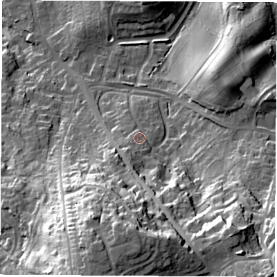 Shaded relief map of the ground around SO303AD, computed from Environment Agency LiDAR. The ground here sits at about 47 m above sea level and falls 53 m across the surrounding 800 m. Surface water reaching this point runs off ground lying to the south-south-west, 8.5 m higher.