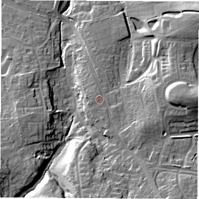 Shaded relief map of the ground around SO303AG, computed from Environment Agency LiDAR. The ground here sits at about 33 m above sea level and falls 31 m across the surrounding 800 m. Surface water reaching this point runs off ground lying to the south-east, 6.0 m higher.