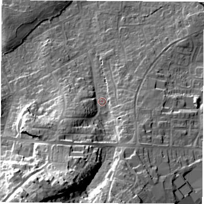 Shaded relief map of the ground around SO303GE, computed from Environment Agency LiDAR. The ground here sits at about 40 m above sea level and falls 42 m across the surrounding 800 m. Surface water reaching this point runs off ground lying to the south-west, 31.5 m higher.