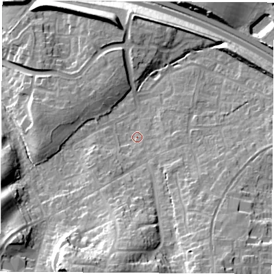 Shaded relief map of the ground around SO303GJ, computed from Environment Agency LiDAR. The ground here sits at about 33 m above sea level and falls 29 m across the surrounding 800 m. Surface water reaching this point runs off ground lying to the south, 18.9 m higher.