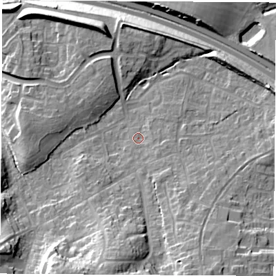 Shaded relief map of the ground around SO303GL, computed from Environment Agency LiDAR. The ground here sits at about 33 m above sea level and falls 29 m across the surrounding 800 m. Surface water reaching this point runs off ground lying to the south-south-west, 18.5 m higher.