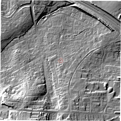 Shaded relief map of the ground around SO303GN, computed from Environment Agency LiDAR. The ground here sits at about 37 m above sea level and falls 32 m across the surrounding 800 m. Surface water reaching this point runs off ground lying to the south-south-east, 4.8 m higher.