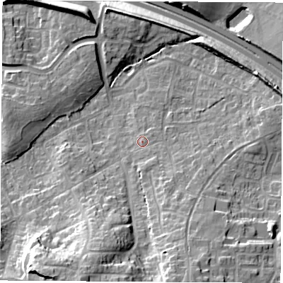 Shaded relief map of the ground around SO303GP, computed from Environment Agency LiDAR. The ground here sits at about 35 m above sea level and falls 30 m across the surrounding 800 m. Surface water reaching this point runs off ground lying to the south-south-east, 2.8 m higher.