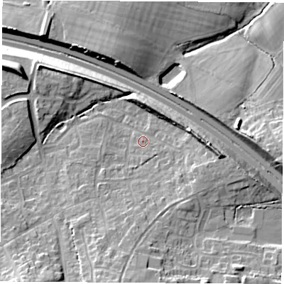 Shaded relief map of the ground around SO303GZ, computed from Environment Agency LiDAR. The ground here sits at about 31 m above sea level and falls 21 m across the surrounding 800 m. Surface water reaching this point runs off ground lying to the south-east, 1.6 m higher.