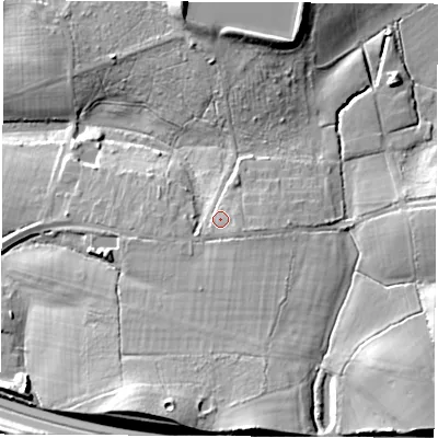 Shaded relief map of the ground around SO303HQ, computed from Environment Agency LiDAR. The ground here sits at about 19 m above sea level and falls 21 m across the surrounding 800 m. Surface water reaching this point runs off ground lying to the east-south-east, 2.5 m higher.