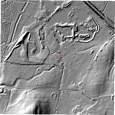 Shaded relief map of the ground around SO303HZ, computed from Environment Agency LiDAR. The ground here sits at about 9 m above sea level and falls 22 m across the surrounding 800 m. Surface water reaching this point runs off ground lying to the south-east, 7.9 m higher.