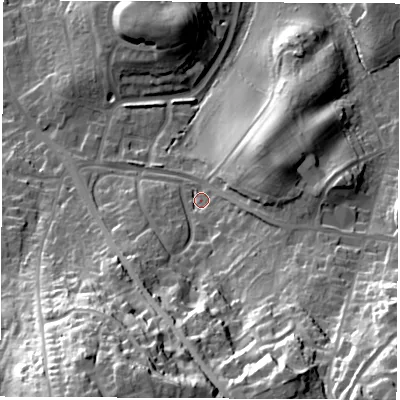Shaded relief map of the ground around SO303LS, computed from Environment Agency LiDAR. The ground here sits at about 41 m above sea level and falls 52 m across the surrounding 800 m. Surface water reaching this point runs off ground lying to the east-south-east, 6.4 m higher.