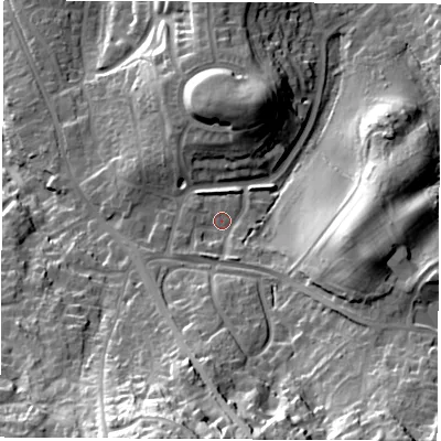 Shaded relief map of the ground around SO303NE, computed from Environment Agency LiDAR. The ground here sits at about 37 m above sea level and falls 46 m across the surrounding 800 m. Surface water reaching this point runs off ground lying to the south-south-east, 3.7 m higher.