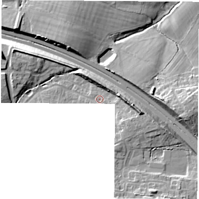 Shaded relief map of the ground around SO303NW, computed from Environment Agency LiDAR. The ground here sits at about 31 m above sea level and falls 16 m across the surrounding 800 m. Surface water reaching this point runs off ground lying to the east-south-east, 8.2 m higher.