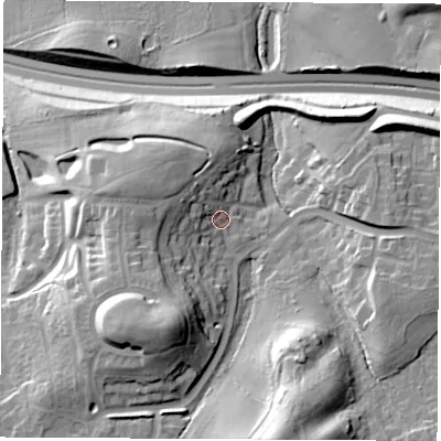 Shaded relief map of the ground around SO303RN, computed from Environment Agency LiDAR. The ground here sits at about 30 m above sea level and falls 32 m across the surrounding 800 m. Surface water reaching this point runs off ground lying to the west-north-west, 9.2 m higher.