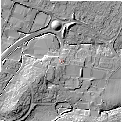 Shaded relief map of the ground around SO304EJ, computed from Environment Agency LiDAR. The ground here sits at about 26 m above sea level and falls 15 m across the surrounding 800 m. Surface water reaching this point runs off ground lying to the south-west, 4.4 m higher.
