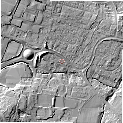 Shaded relief map of the ground around SO304NJ, computed from Environment Agency LiDAR. The ground here sits at about 22 m above sea level and falls 17 m across the surrounding 800 m. Surface water reaching this point runs off ground lying to the west-north-west, 5.4 m higher.