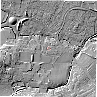 Shaded relief map of the ground around SO304NP, computed from Environment Agency LiDAR. The ground here sits at about 21 m above sea level and falls 15 m across the surrounding 800 m. Surface water reaching this point runs off ground lying to the west, 0.8 m higher.
