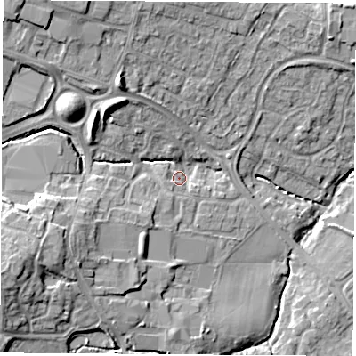 Shaded relief map of the ground around SO304SG, computed from Environment Agency LiDAR. The ground here sits at about 21 m above sea level and falls 15 m across the surrounding 800 m. Surface water reaching this point runs off ground lying to the west-south-west, 10.7 m higher.