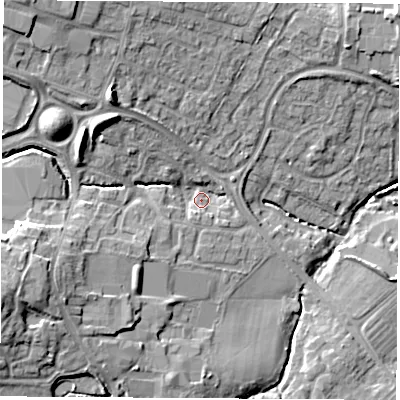 Shaded relief map of the ground around SO304SH, computed from Environment Agency LiDAR. The ground here sits at about 20 m above sea level and falls 15 m across the surrounding 800 m. Surface water reaching this point runs off ground lying to the south-west, 5.4 m higher.