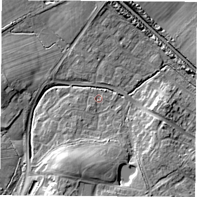 Shaded relief map of the ground around SO304WQ, computed from Environment Agency LiDAR. The ground here sits at about 25 m above sea level and falls 13 m across the surrounding 800 m. Surface water reaching this point runs off ground lying to the south-south-west, 10.0 m higher.