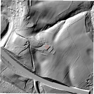 Shaded relief map of the ground around SO311AA, computed from Environment Agency LiDAR. The ground here sits at about 36 m above sea level and falls 55 m across the surrounding 800 m. Surface water reaching this point runs off ground lying to the west-north-west, 2.6 m higher.