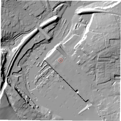 Shaded relief map of the ground around SO311ZL, computed from Environment Agency LiDAR. The ground here sits at about 3 m above sea level and falls 23 m across the surrounding 800 m. Surface water reaching this point runs off ground lying to the east, 1.3 m higher.