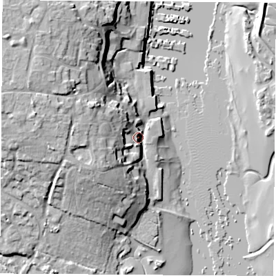 Shaded relief map of the ground around SO314BQ, computed from Environment Agency LiDAR. The ground here sits at about 5 m above sea level and falls 22 m across the surrounding 800 m. Surface water reaching this point runs off ground lying to the west-north-west, 16.5 m higher.