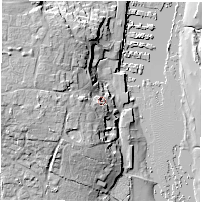 Shaded relief map of the ground around SO314HA, computed from Environment Agency LiDAR. The ground here sits at about 8 m above sea level and falls 23 m across the surrounding 800 m. Surface water reaching this point runs off ground lying to the west, 9.5 m higher.