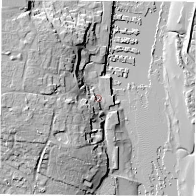 Shaded relief map of the ground around SO314HB, computed from Environment Agency LiDAR. The ground here sits at about 3 m above sea level and falls 22 m across the surrounding 800 m. Surface water reaching this point runs off ground lying to the west-south-west, 13.1 m higher.