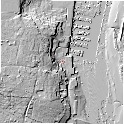 Shaded relief map of the ground around SO314HD, computed from Environment Agency LiDAR. The ground here sits at about 3 m above sea level and falls 23 m across the surrounding 800 m. Surface water reaching this point runs off ground lying to the west-north-west, 17.2 m higher.