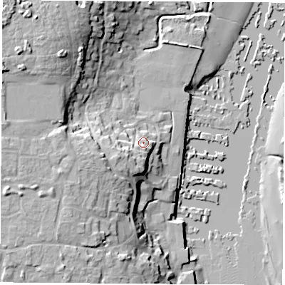 Shaded relief map of the ground around SO314HG, computed from Environment Agency LiDAR. The ground here sits at about 8 m above sea level and falls 24 m across the surrounding 800 m. Surface water reaching this point runs off ground lying to the west-south-west, 9.3 m higher.