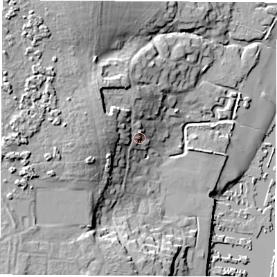 Shaded relief map of the ground around SO314HL, computed from Environment Agency LiDAR. The ground here sits at about 10 m above sea level and falls 26 m across the surrounding 800 m. Surface water reaching this point runs off ground lying to the north-west, 8.8 m higher.