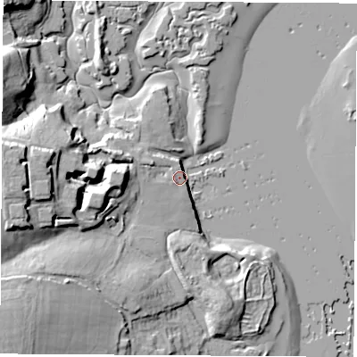Shaded relief map of the ground around SO314HQ, computed from Environment Agency LiDAR. The ground here sits at about 3 m above sea level and falls 24 m across the surrounding 800 m. Surface water reaching this point runs off ground lying to the south-west, 23.1 m higher.