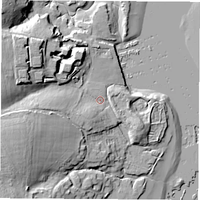 Shaded relief map of the ground around SO314HR, computed from Environment Agency LiDAR. The ground here sits at about 5 m above sea level and falls 24 m across the surrounding 800 m. Surface water reaching this point runs off ground lying to the west-south-west, 8.5 m higher.