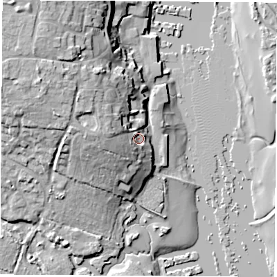 Shaded relief map of the ground around SO314JB, computed from Environment Agency LiDAR. The ground here sits at about 6 m above sea level and falls 22 m across the surrounding 800 m. Surface water reaching this point runs off ground lying to the west, 8.9 m higher.
