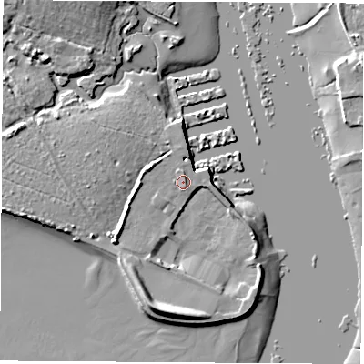 Shaded relief map of the ground around SO314JD, computed from Environment Agency LiDAR. The ground here sits at about 3 m above sea level and falls 10 m across the surrounding 800 m. Surface water reaching this point runs off ground lying to the south, 7.1 m higher.