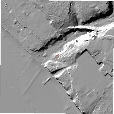 Shaded relief map of the ground around SO314NA, computed from Environment Agency LiDAR. The ground here sits at about 5 m above sea level and falls 23 m across the surrounding 800 m. Surface water reaching this point runs off ground lying to the east, 5.3 m higher.