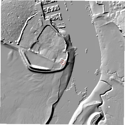 Shaded relief map of the ground around SO314NB, computed from Environment Agency LiDAR. The ground here sits at about 2 m above sea level and falls 10 m across the surrounding 800 m. Surface water reaching this point runs off ground lying to the west-south-west, 2.5 m higher.
