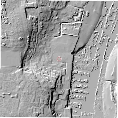 Shaded relief map of the ground around SO314NN, computed from Environment Agency LiDAR. The ground here sits at about 3 m above sea level and falls 24 m across the surrounding 800 m. Surface water reaching this point runs off ground lying to the south-west, 13.8 m higher.