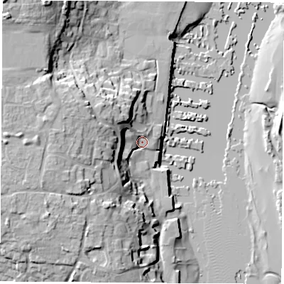 Shaded relief map of the ground around SO314PJ, computed from Environment Agency LiDAR. The ground here sits at about 3 m above sea level and falls 24 m across the surrounding 800 m. Surface water reaching this point runs off ground lying to the west, 15.9 m higher.