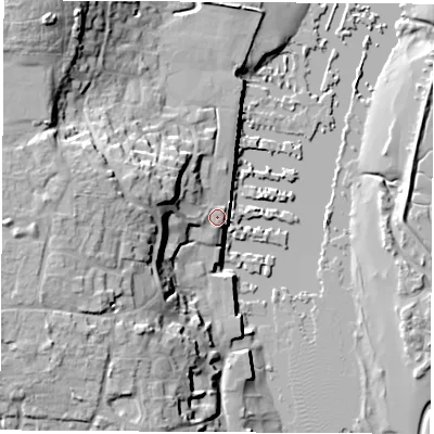 Shaded relief map of the ground around SO314PL, computed from Environment Agency LiDAR. The ground here sits at about 3 m above sea level and falls 23 m across the surrounding 800 m. Surface water reaching this point runs off ground lying to the west-north-west, 11.1 m higher.