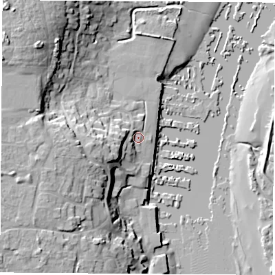 Shaded relief map of the ground around SO314QD, computed from Environment Agency LiDAR. The ground here sits at about 3 m above sea level and falls 24 m across the surrounding 800 m. Surface water reaching this point runs off ground lying to the west-south-west, 9.6 m higher.