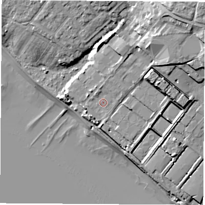 Shaded relief map of the ground around SO314RA, computed from Environment Agency LiDAR. The ground here sits at about 5 m above sea level and falls 21 m across the surrounding 800 m. Surface water reaching this point runs off ground lying to the north-north-east, 4.4 m higher.
