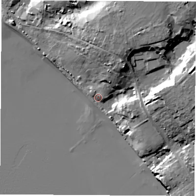Shaded relief map of the ground around SO315FA, computed from Environment Agency LiDAR. The ground here sits at about 4 m above sea level and falls 25 m across the surrounding 800 m. Surface water reaching this point runs off ground lying to the north-north-east, 15.0 m higher.