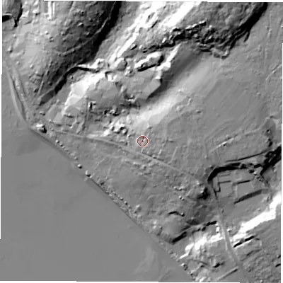 Shaded relief map of the ground around SO315FB, computed from Environment Agency LiDAR. The ground here sits at about 16 m above sea level and falls 34 m across the surrounding 800 m. Surface water reaching this point runs off ground lying to the east, 6.1 m higher.