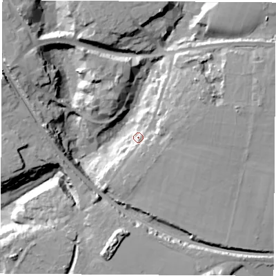 Shaded relief map of the ground around SO315FZ, computed from Environment Agency LiDAR. The ground here sits at about 17 m above sea level and falls 21 m across the surrounding 800 m. Surface water reaching this point runs off ground lying to the south-south-west, 17.4 m higher.