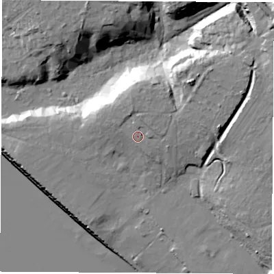 Shaded relief map of the ground around SO315GA, computed from Environment Agency LiDAR. The ground here sits at about 17 m above sea level and falls 25 m across the surrounding 800 m. Surface water reaching this point runs off ground lying to the north-east, 3.8 m higher.