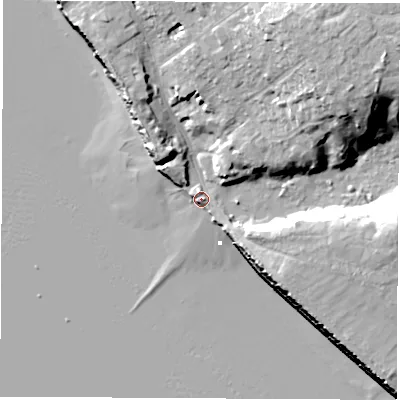 Shaded relief map of the ground around SO315RA, computed from Environment Agency LiDAR. The ground here sits at about 4 m above sea level and falls 23 m across the surrounding 800 m. Surface water reaching this point runs off ground lying to the north-east, 18.4 m higher.