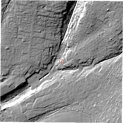 Shaded relief map of the ground around SO316ND, computed from Environment Agency LiDAR. The ground here sits at about 23 m above sea level and falls 28 m across the surrounding 800 m. Surface water reaching this point runs off ground lying to the east-north-east, 7.5 m higher.