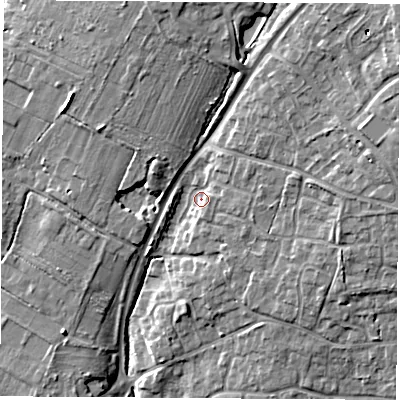 Shaded relief map of the ground around SO316TG, computed from Environment Agency LiDAR. The ground here sits at about 19 m above sea level and falls 17 m across the surrounding 800 m. Surface water reaching this point runs off ground lying to the east-north-east, 4.1 m higher.