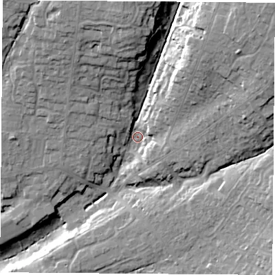 Shaded relief map of the ground around SO316UJ, computed from Environment Agency LiDAR. The ground here sits at about 21 m above sea level and falls 29 m across the surrounding 800 m. Surface water reaching this point runs off ground lying to the north-east, 22.1 m higher.