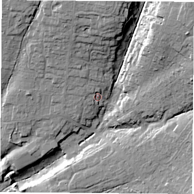 Shaded relief map of the ground around SO316UN, computed from Environment Agency LiDAR. The ground here sits at about 24 m above sea level and falls 28 m across the surrounding 800 m. Surface water reaching this point runs off ground lying to the north-west, 6.5 m higher.